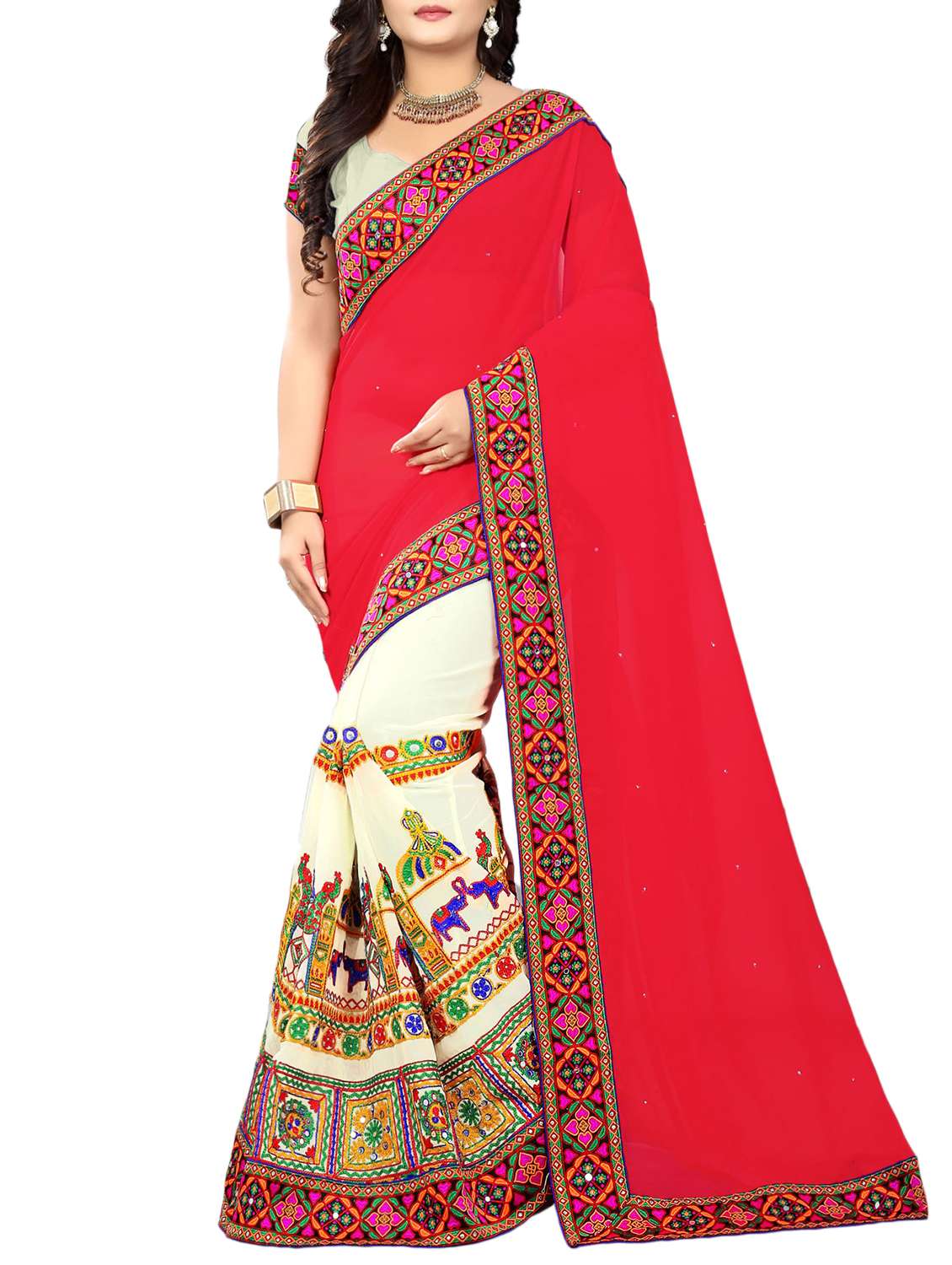 women's printed red colored saree with blouse