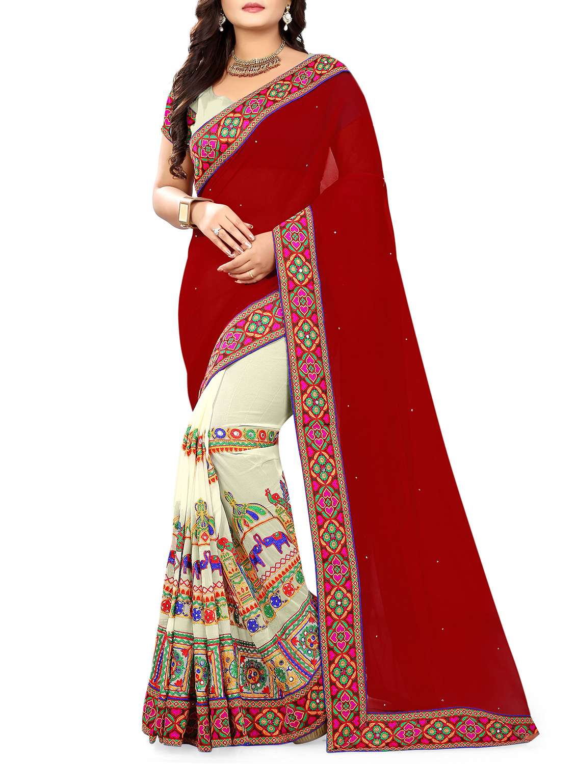 embroidered half and half saree with blouse