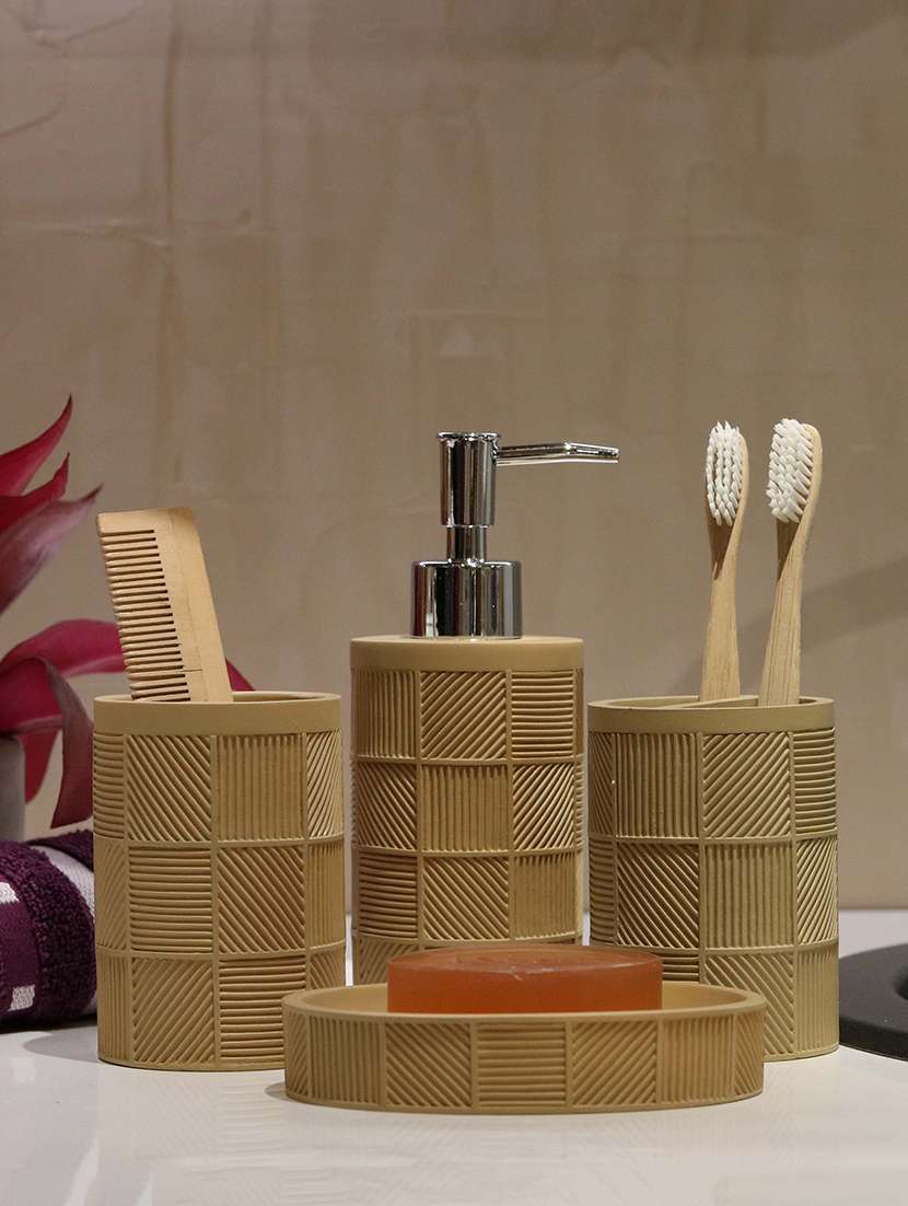 brown polyresin bath set collection of liquid soap dispenser, toothbrush holder, tumbler and soap dish