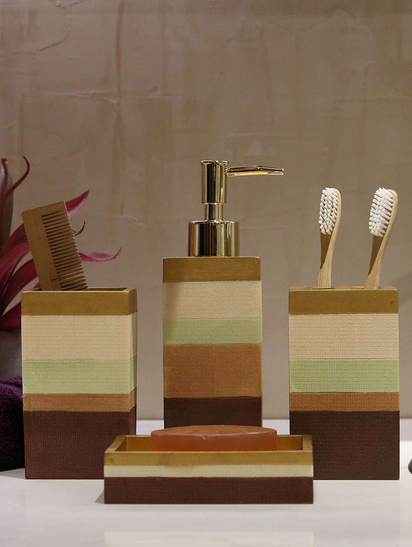 multi color polyresin bath set collection of liquid soap dispenser, toothbrush holder, tumbler and soap dish