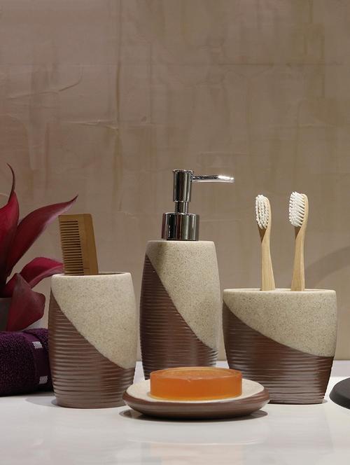 brown polyresin bath set collection of liquid soap dispenser, toothbrush holder, tumbler and soap dish - 15327409 - Standard Image - 0