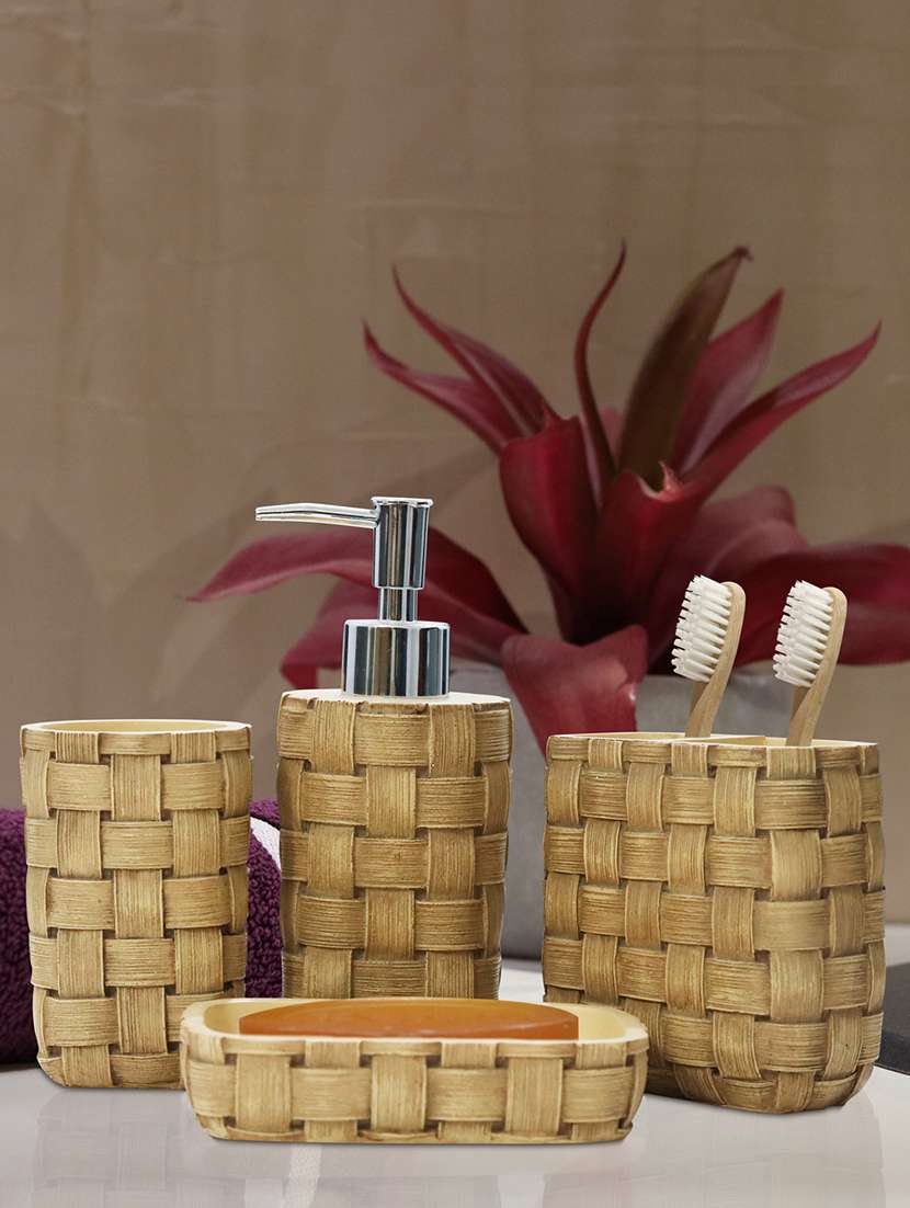 brown polyresin bath set collection of liquid soap dispenser, toothbrush holder, tumbler and soap dish