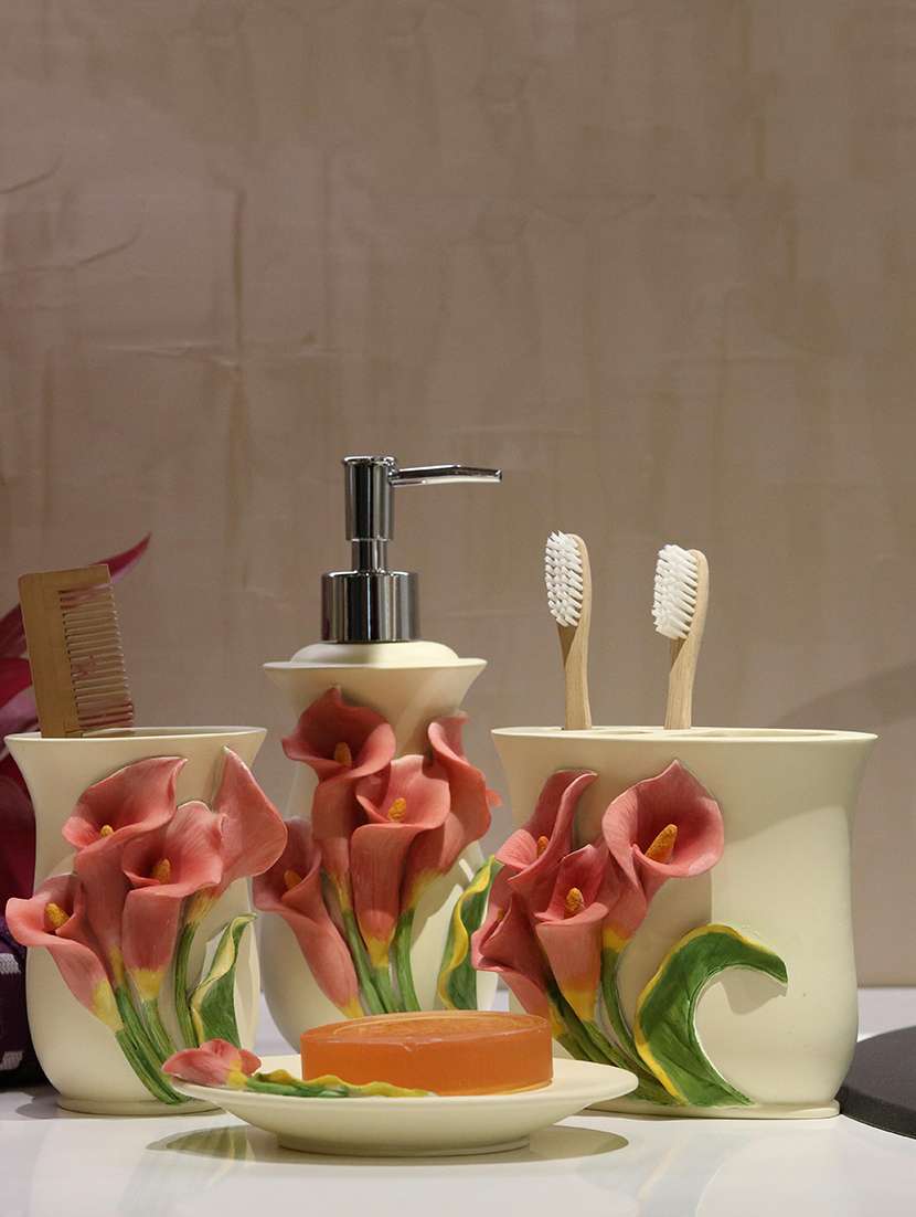 white polyresin bath set collection of liquid soap dispenser, toothbrush holder, tumbler and soap dish