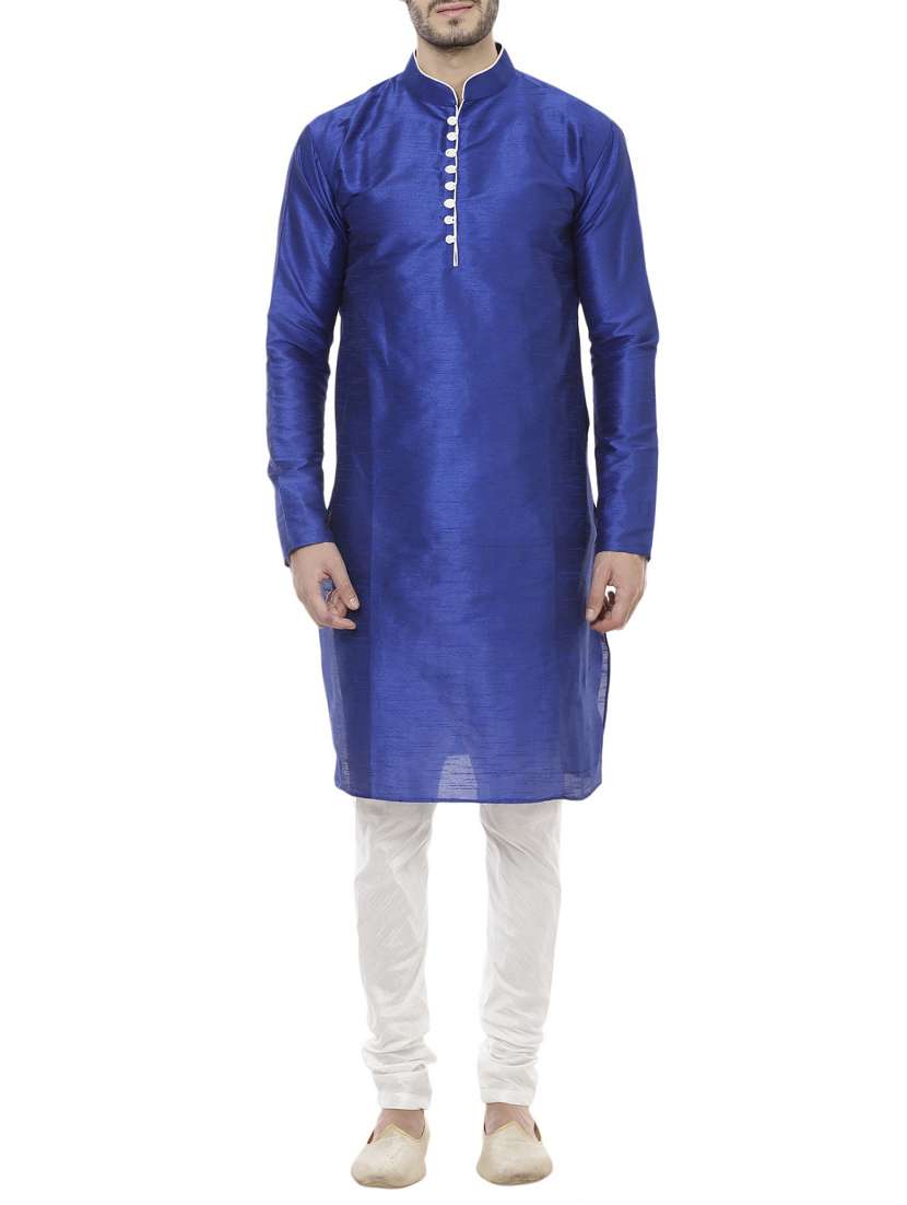 men blue solid kurta churidar set
