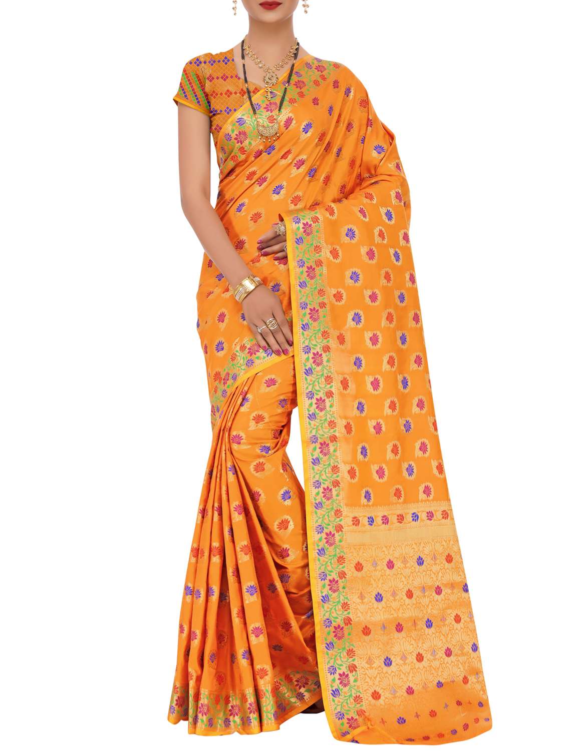 orange silk banarasi saree with blouse