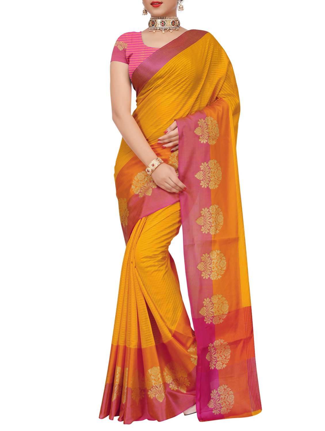striped yellow woven saree with blouse