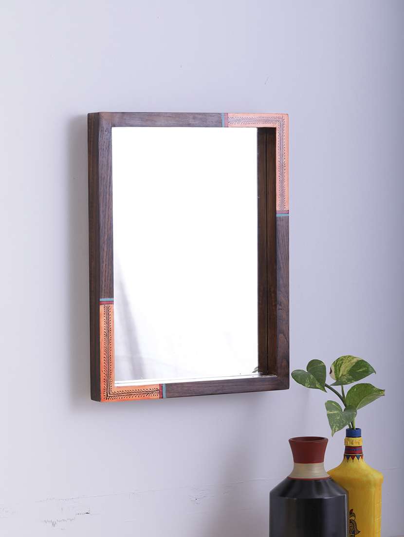 teak wood orange warli mirror