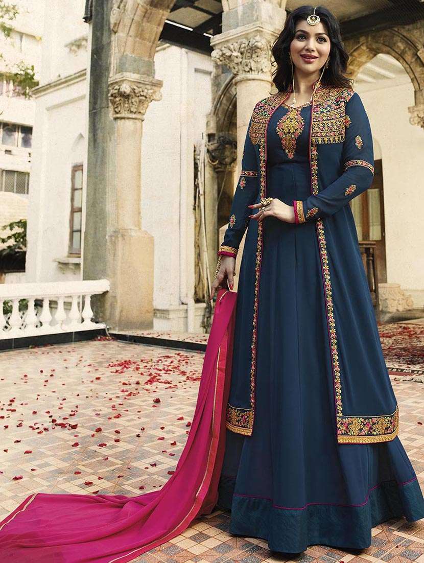 embroidered semi-stitched jacket suit