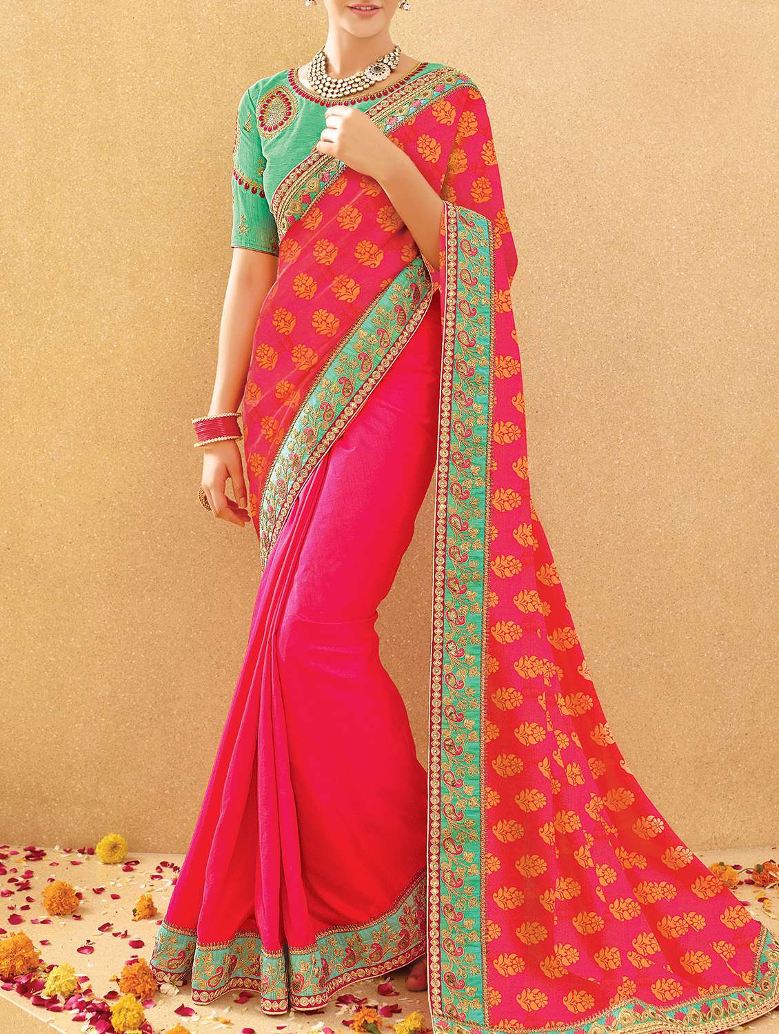 floral jacquard half & half saree
