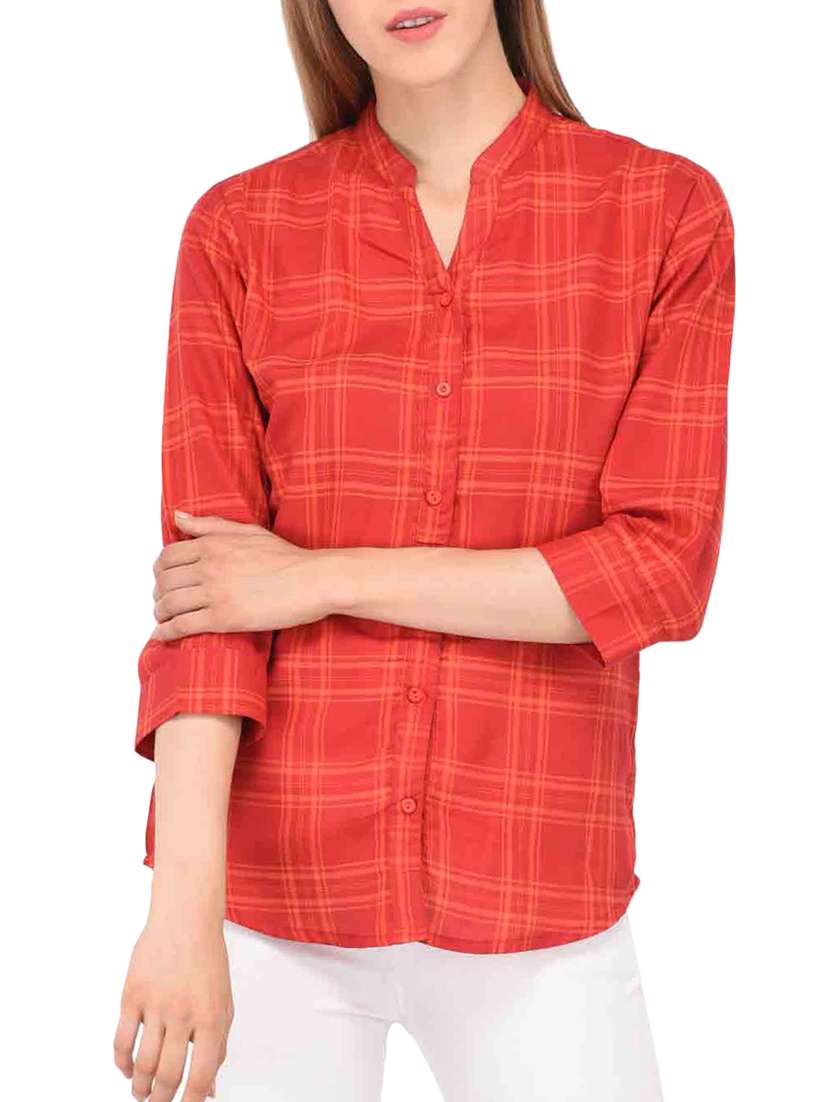 checkered mandarin collar shirt