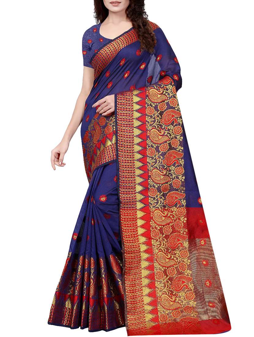 contrast conversational motif woven saree with blouse