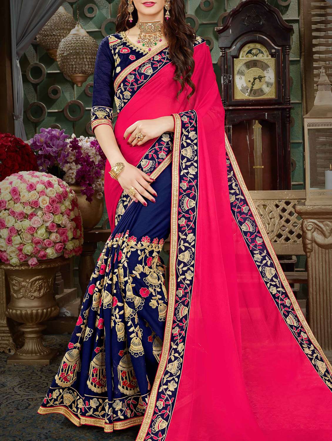 embroidered half and half saree with blouse