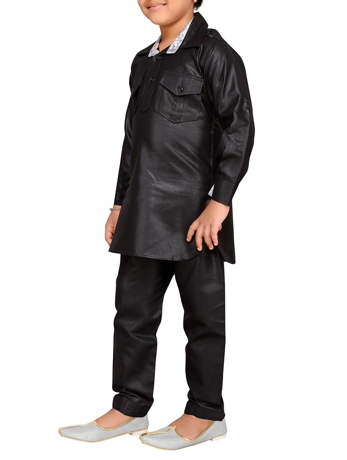 black cotton pathani kurta set - 15354073 -  Standard Image - 1