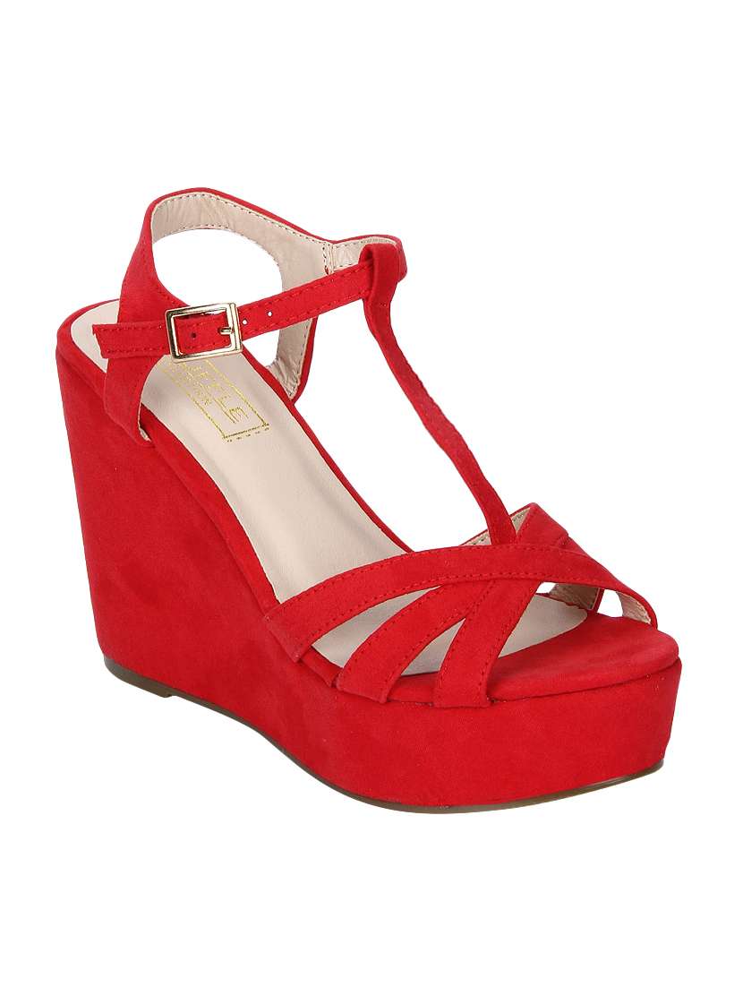 red ankle strap wedges