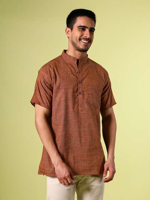 brown cotton short kurta - 15355406 - Standard Image - 0