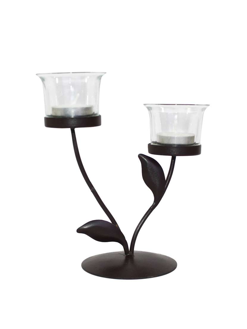 trendy leaves tealight holder with 2 clear glasses