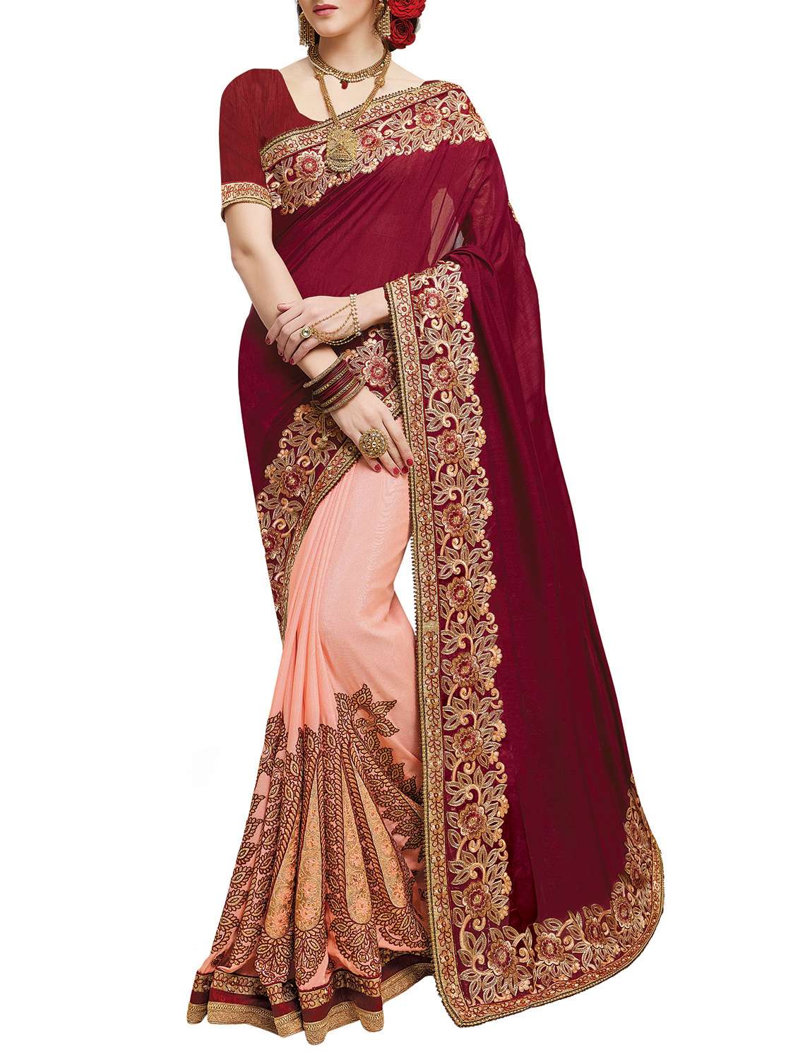 embroidered half and half saree with blouse