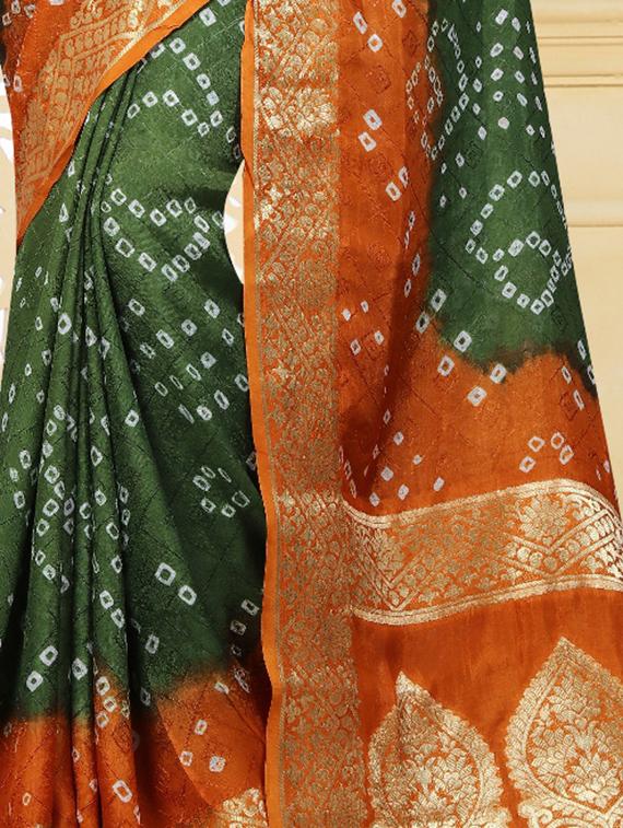 contrast border zari bandhani saree with blouse - 15378340 - Standard Image - 1