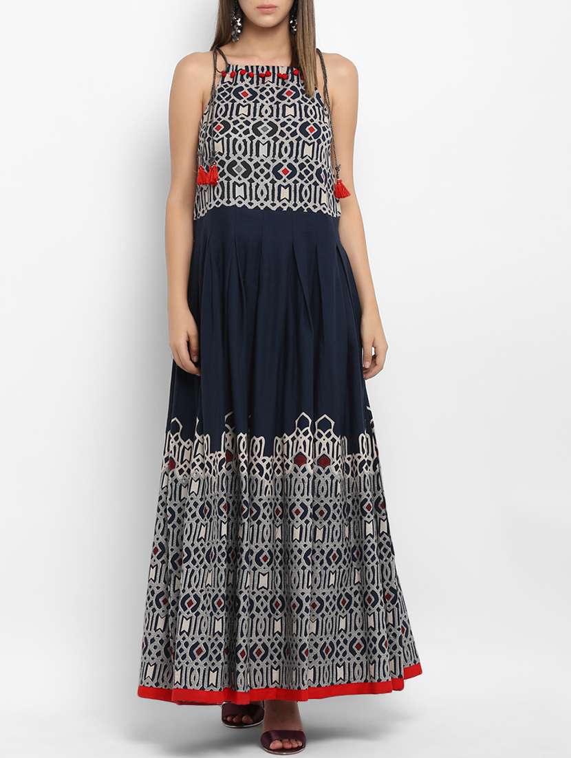 shoulder tie up printed gown with pom pom
