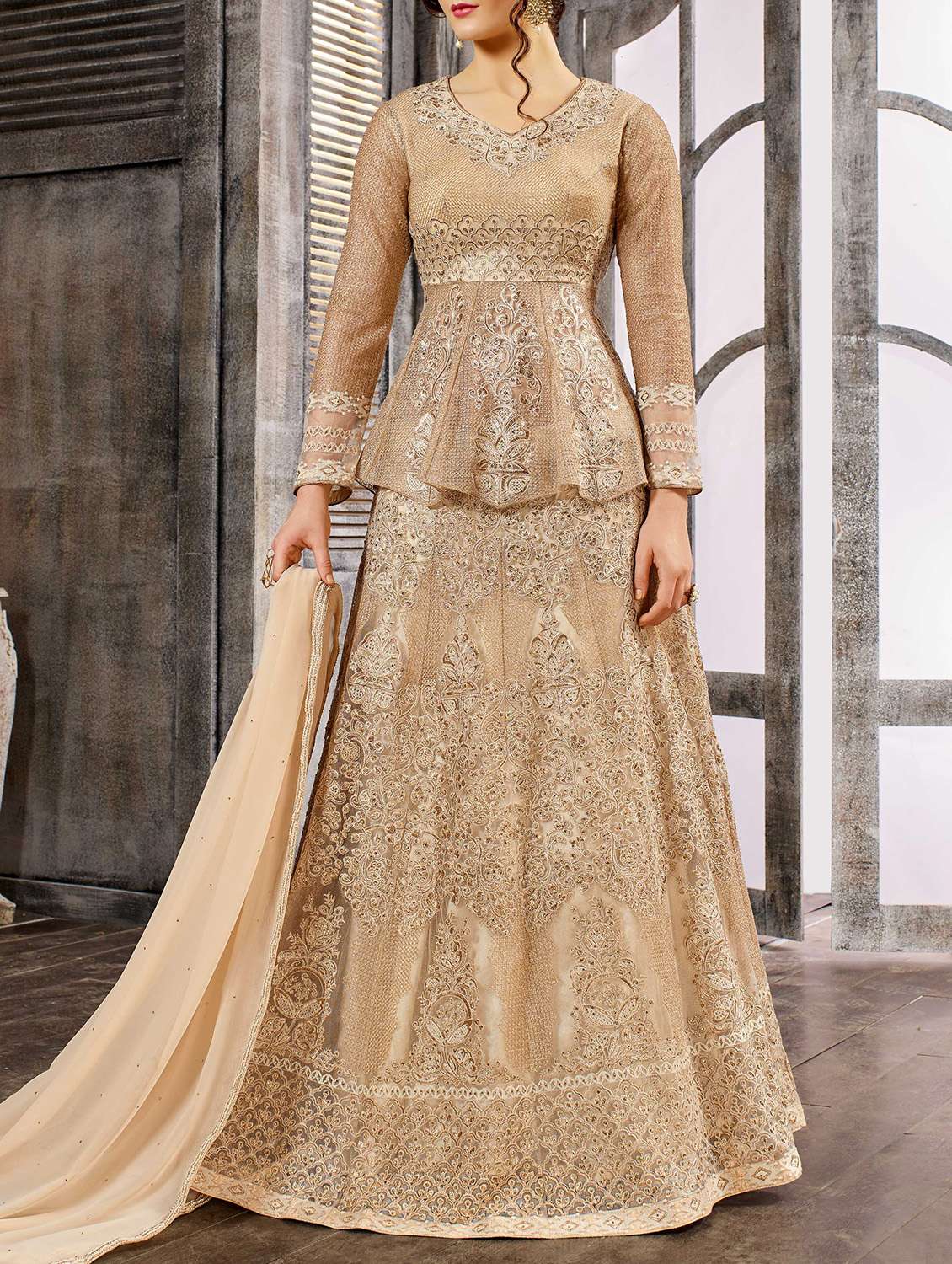 zari embroidered semi-stitched peplum top- skirt set