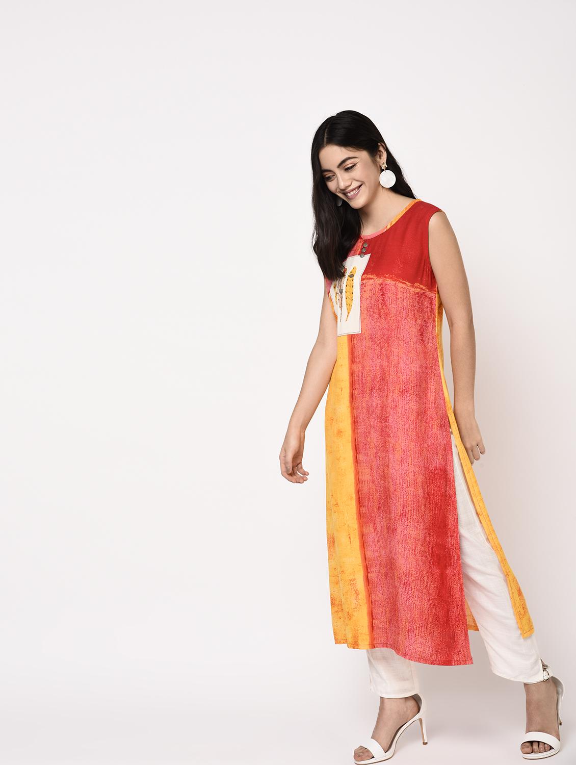 straight color block kurta - 15384534 -  Standard Image - 1