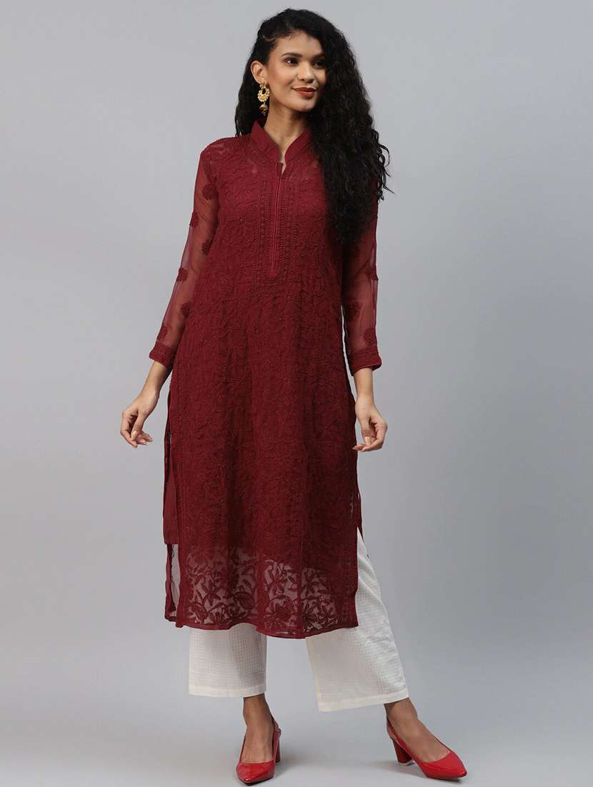 ada hand embroidered maroon georgette chikankari straight  kurta 
