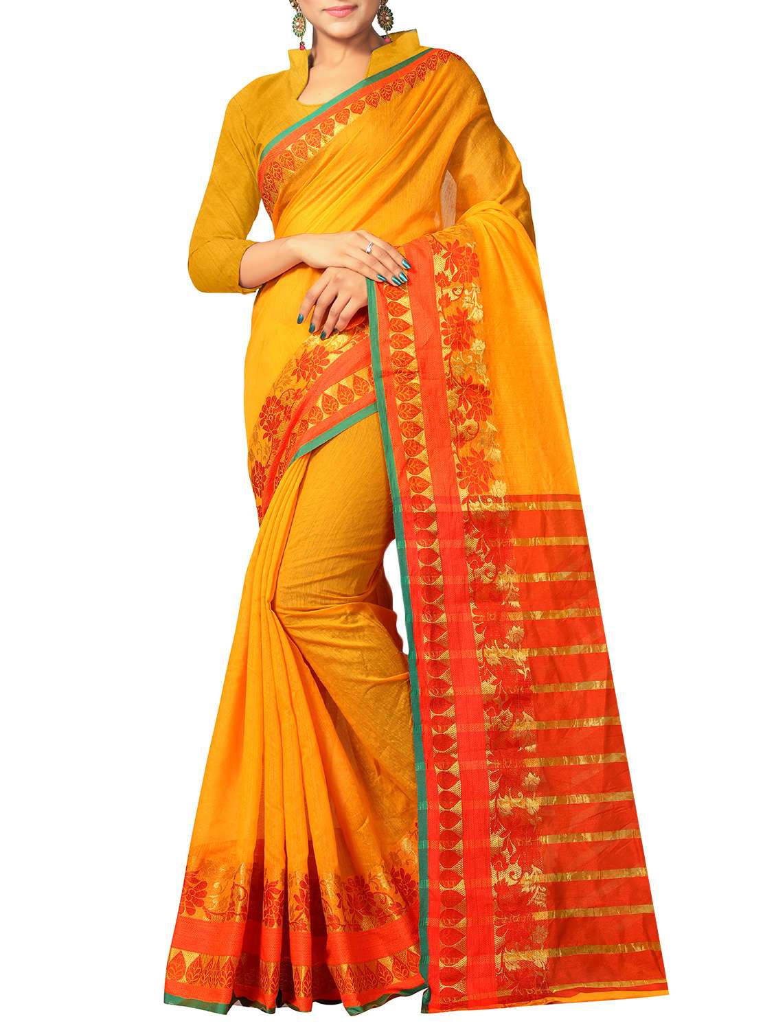 contrast floral zari border woven saree with blouse