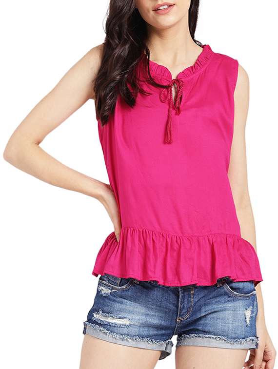 tie-up neck ruffle detail top