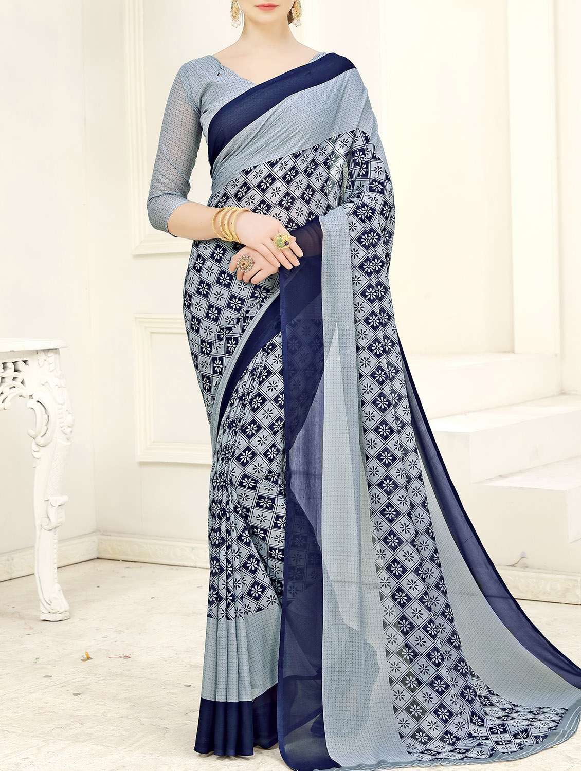 checkered floral grey saree with blouse