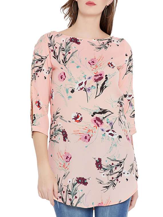 pink boat neck floral print regular tunic