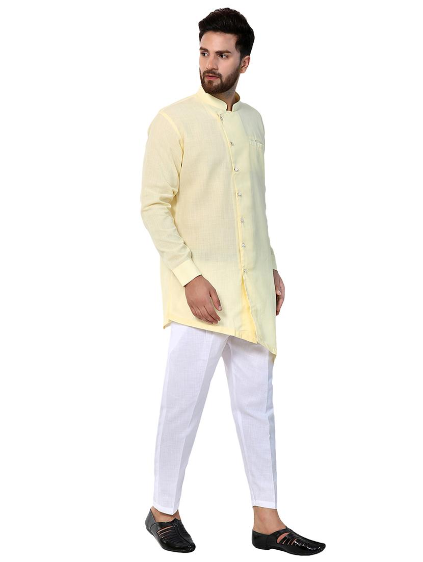 yellow polyester asymmetric kurta pyjama set - 15417877 - Standard Image - 1