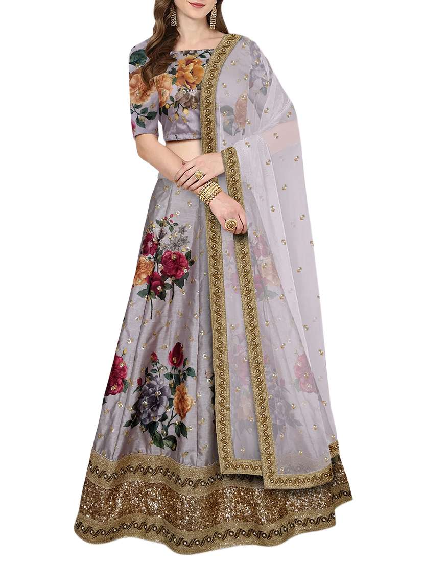 smoke grey floral printed lehenga