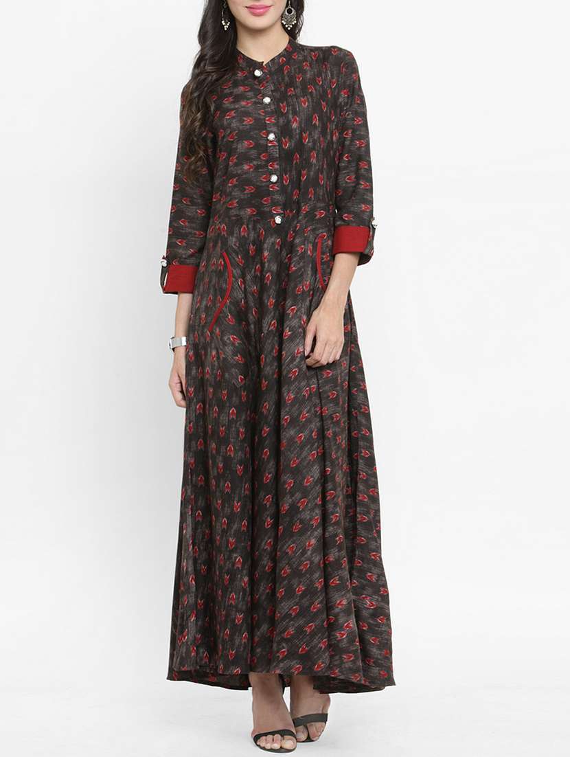 button up neck printed maxi dress