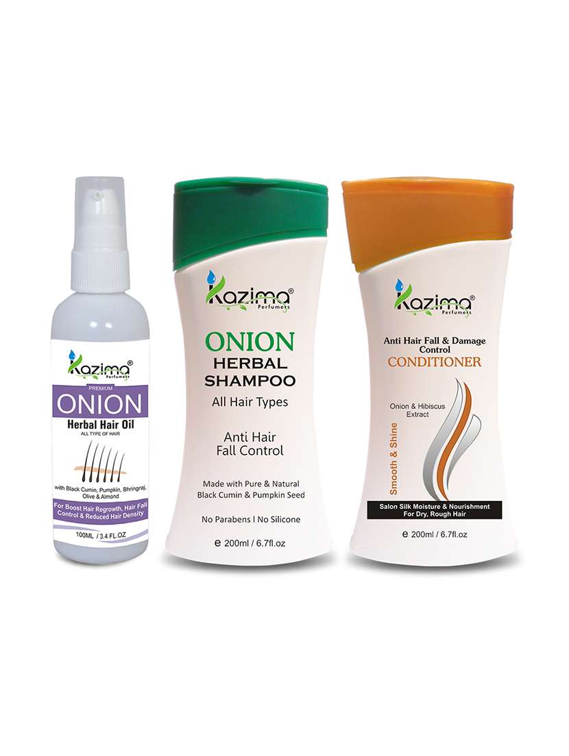 kazima onion herbal hair oil, onion herbal shampoo and anti hair fall & damage control conditioner 