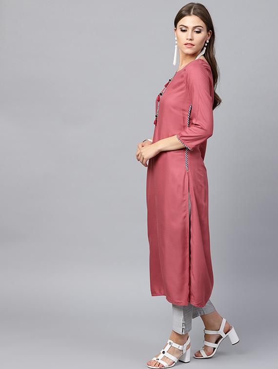 rosewood straight kurta with tassels - 15440516 -  Standard Image - 1