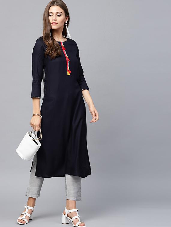 twilight blue straight kurta with tassels - 15440518 -  Standard Image - 1