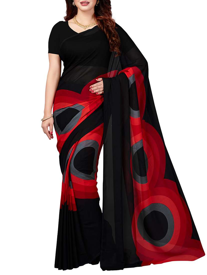 contrast geometrical printed black saree with blouse
