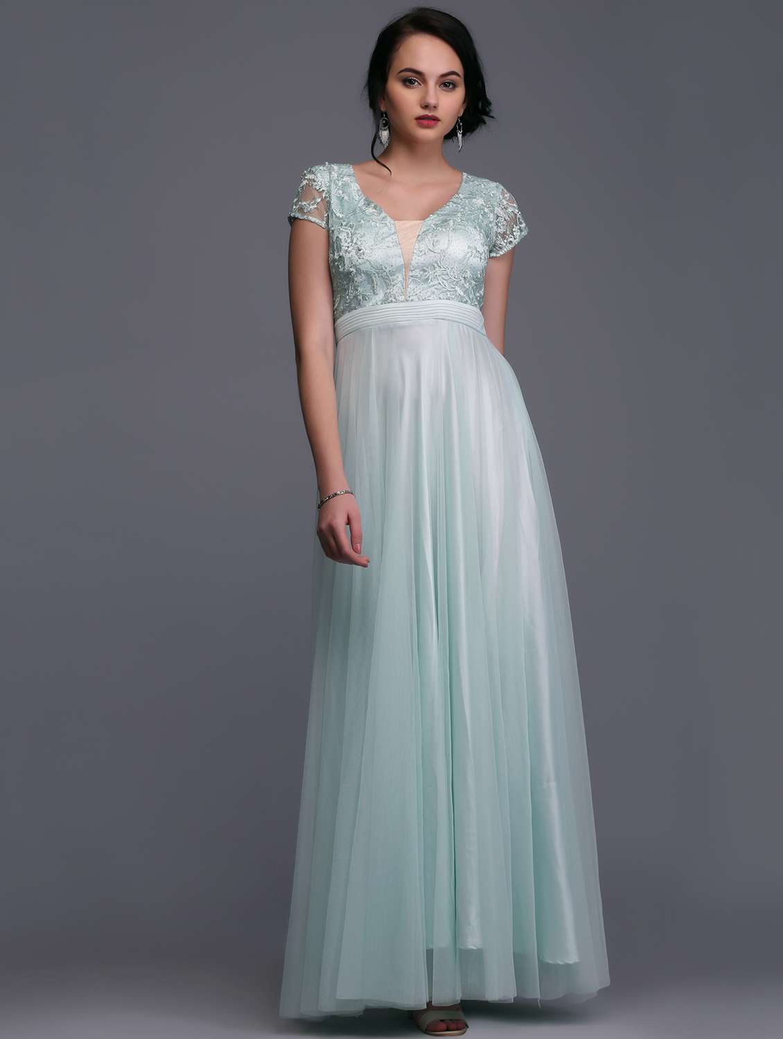 pastel blue embroidered flared gown