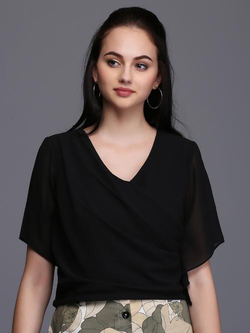 women's black regulal fit v neck top - 15445244 -  Standard Image - 0