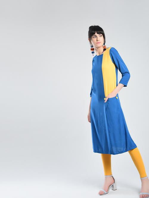 a-line color block kurta with pockets - 15448527 - Standard Image - 0