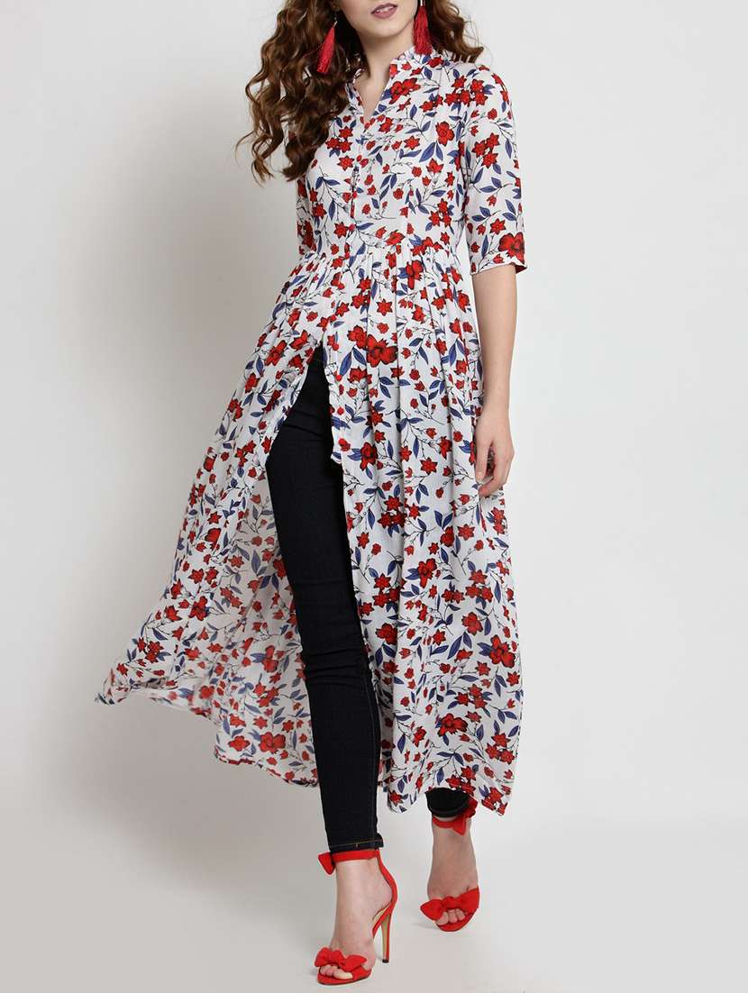 button detail pleated floral tunic - 15451793 - Zoom Image - 0