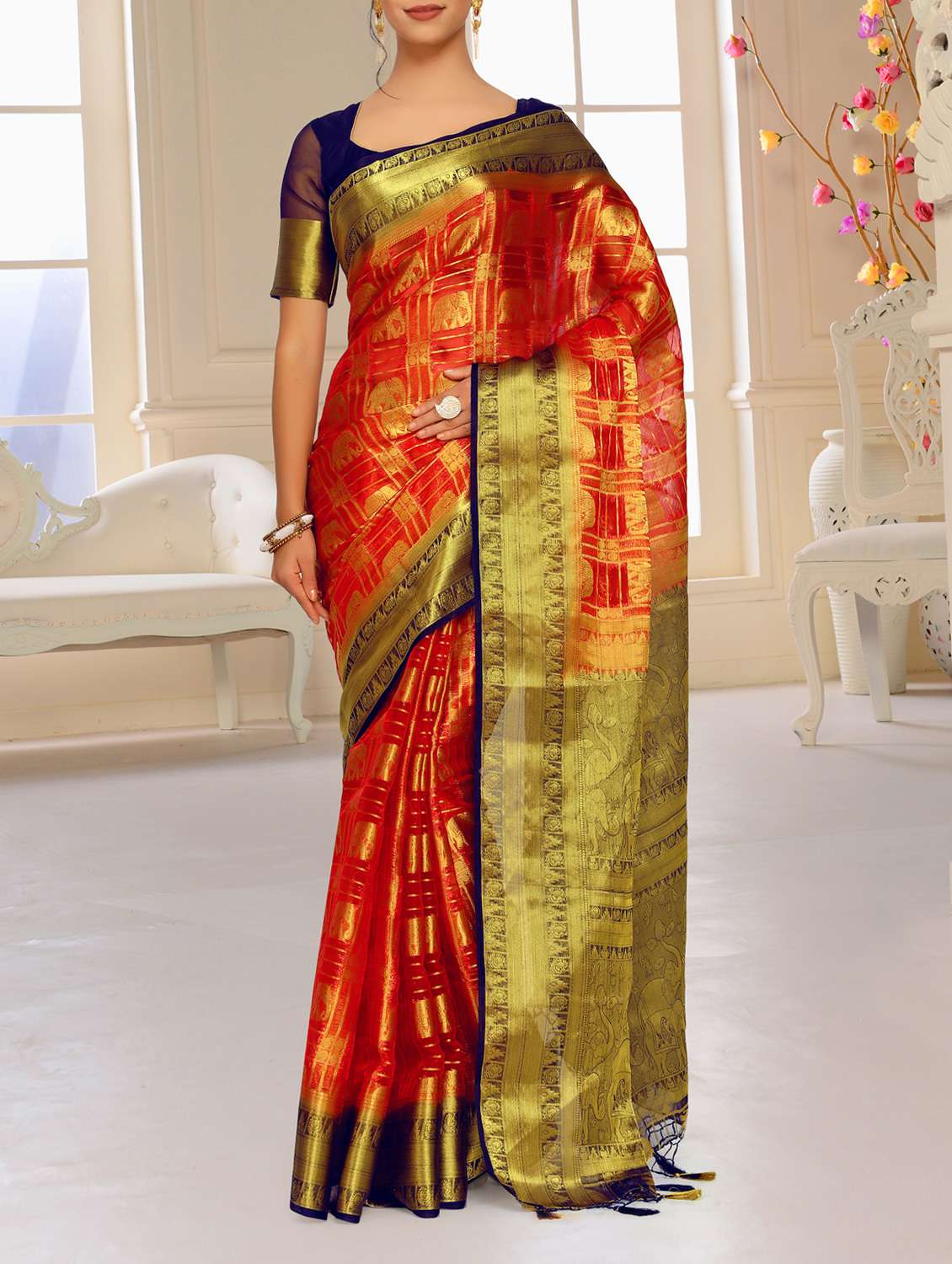 gold border conversational kanjivaram saree