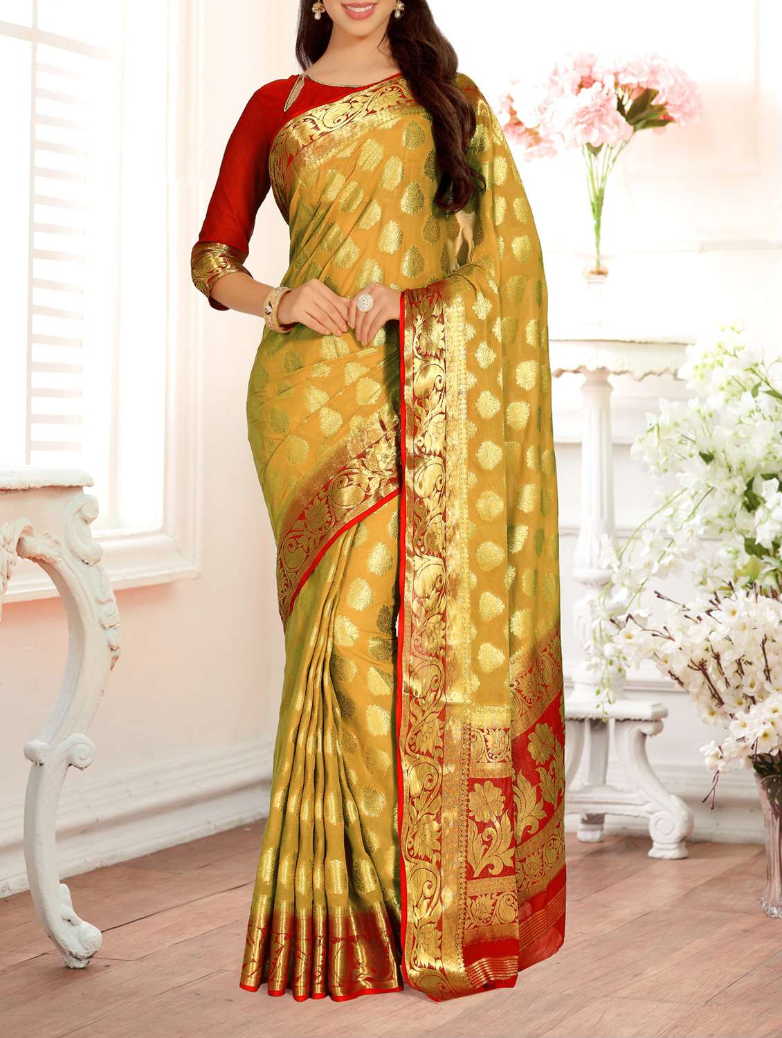 gold zari motif kanjivaram saree