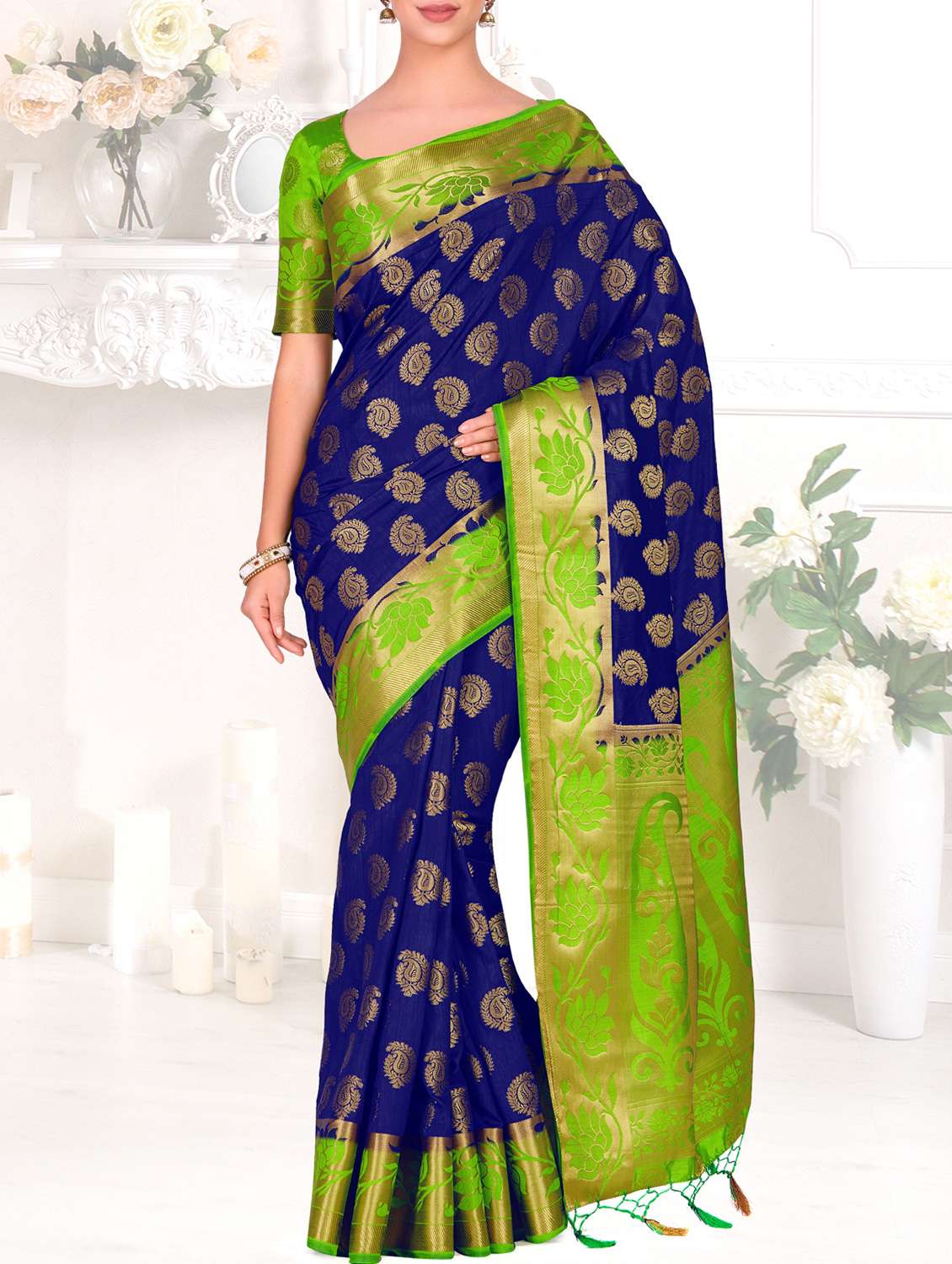 contrast border paisley kanjivaram saree