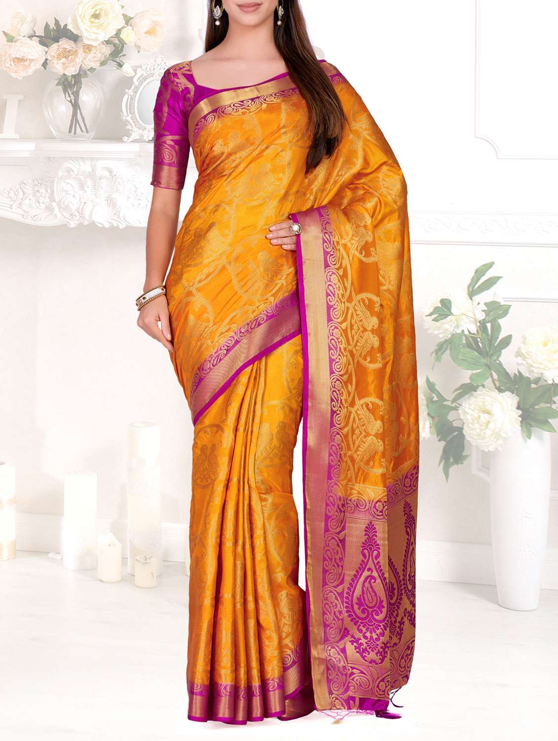 contrast pallu conversational kanjivaram saree with blouse