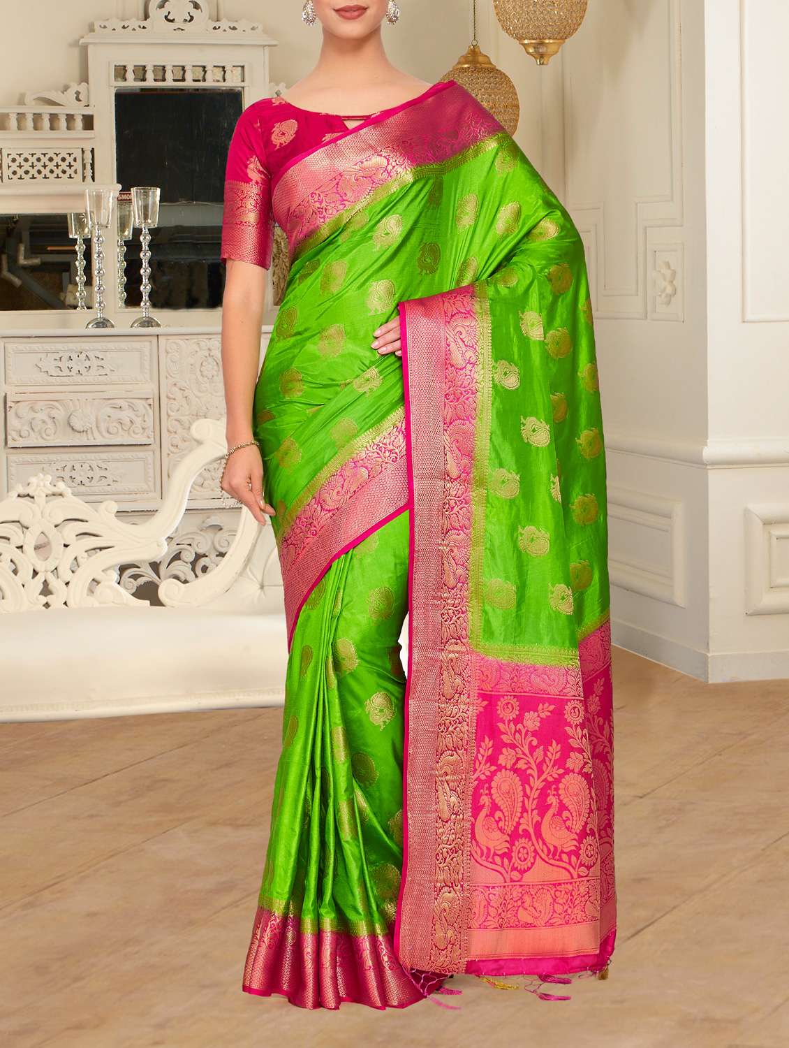 women's self design green colored saree
