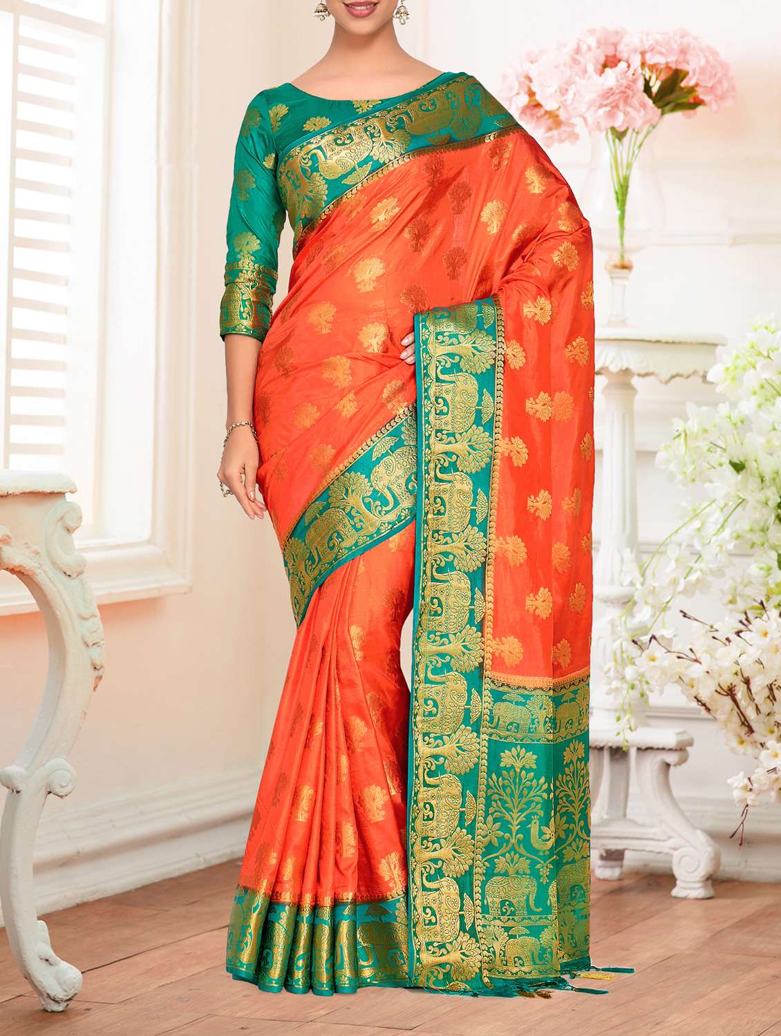 women's self design peach colored saree
