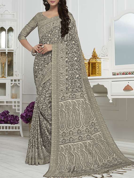 paisley printed grey saree with blouse