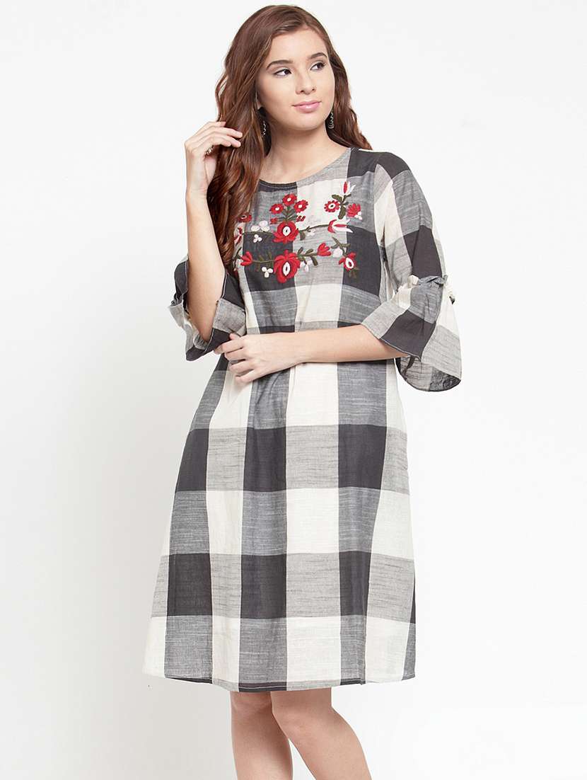 embroidered checks printed dress
