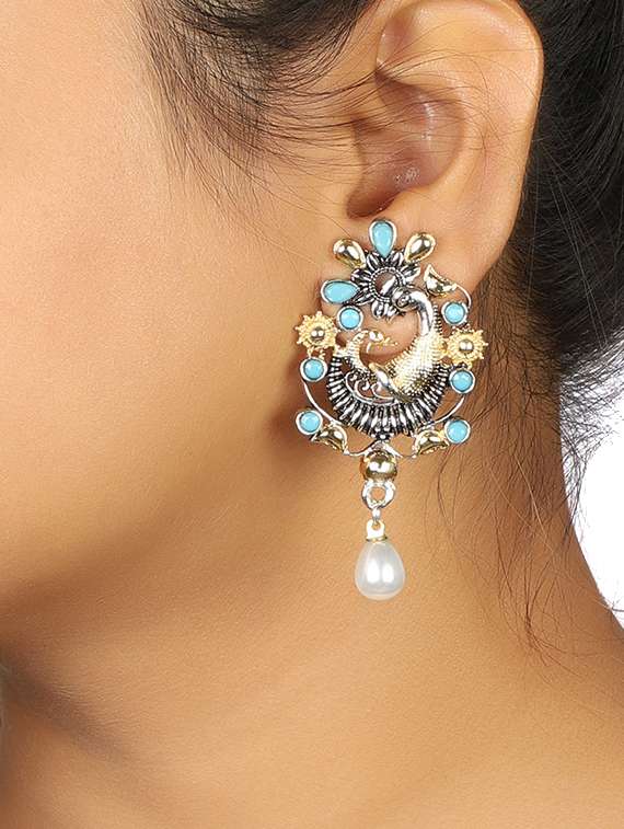 blue silver tone oxidized earrings